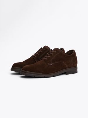 brown flexible suede derby shoes for men tommy hilfiger