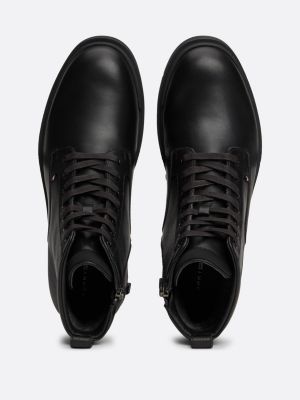 black leather warm lined lace-up boots for men tommy hilfiger