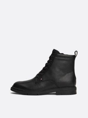 black leather warm lined lace-up boots for men tommy hilfiger