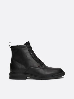 black leather warm lined lace-up boots for men tommy hilfiger