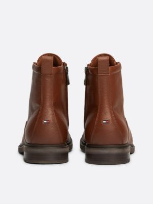 brown leather warm lined lace-up boots for men tommy hilfiger