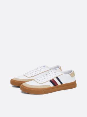 white mixed texture leather cupsole trainers for men tommy hilfiger