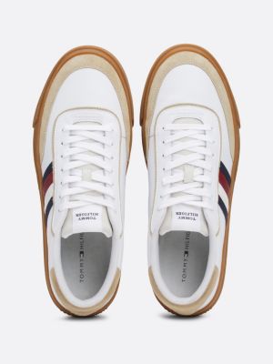 white mixed texture leather cupsole trainers for men tommy hilfiger