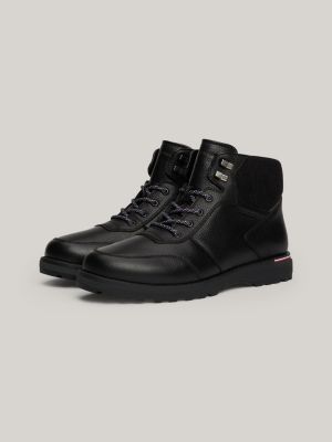 black warm lined leather cleat lace-up boots for men tommy hilfiger