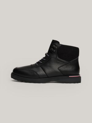 black warm lined leather cleat lace-up boots for men tommy hilfiger