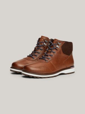 brown warm lined leather cleat lace-up boots for men tommy hilfiger