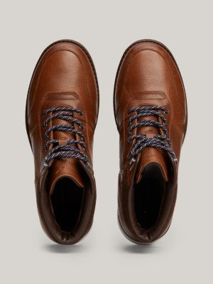brown warm lined leather cleat lace-up boots for men tommy hilfiger