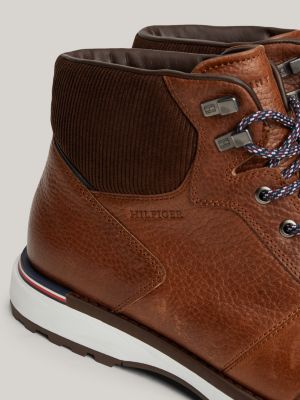 brown warm lined leather cleat lace-up boots for men tommy hilfiger