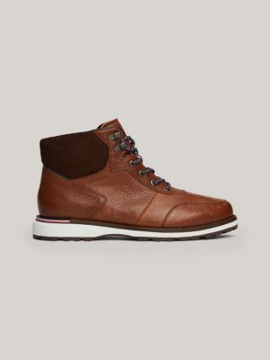 brown warm lined leather cleat lace-up boots for men tommy hilfiger