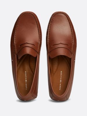 brown rubberised flag leather driver shoes for men tommy hilfiger