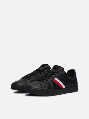 zwart leren court sneaker met signature-tape voor heren - tommy hilfiger