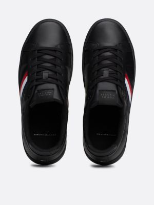 zwart leren court sneaker met signature-tape voor heren - tommy hilfiger