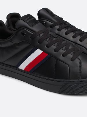 zwart leren court sneaker met signature-tape voor heren - tommy hilfiger