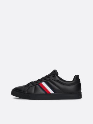 zwart leren court sneaker met signature-tape voor heren - tommy hilfiger