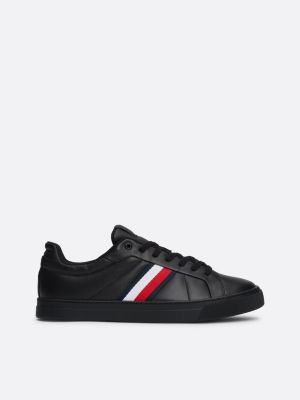 Leren court sneaker met signature tape Zwart Tommy Hilfiger