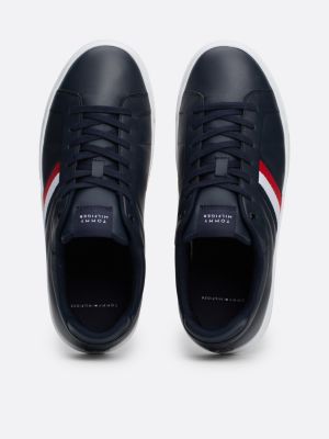 blauw leren court sneaker met signature-tape voor heren - tommy hilfiger