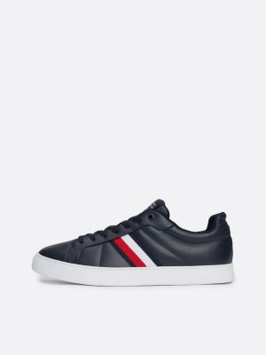 blauw leren court sneaker met signature-tape voor heren - tommy hilfiger