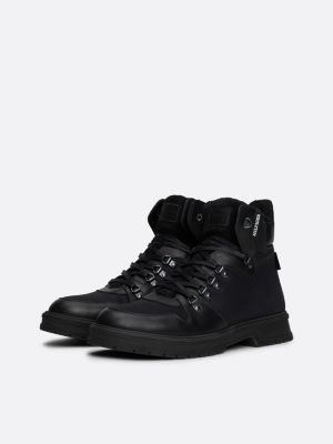 black warm lined leather lace-up boots for men tommy hilfiger