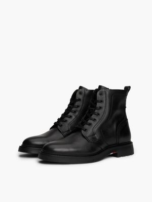 black lightweight leather lace-up mid boots for men tommy hilfiger