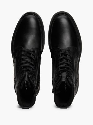 black lightweight leather lace-up mid boots for men tommy hilfiger