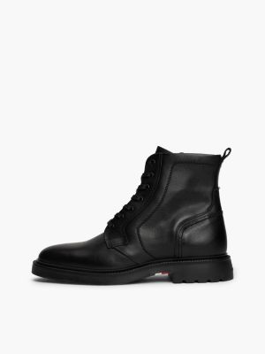 black lightweight leather lace-up mid boots for men tommy hilfiger