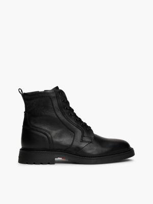 black lightweight leather lace-up mid boots for men tommy hilfiger