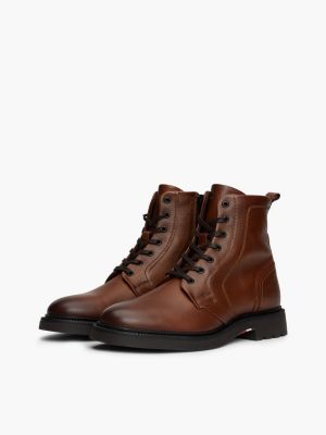 brown lightweight leather lace-up mid boots for men tommy hilfiger