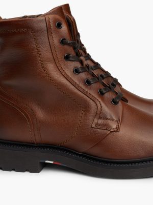 brown lightweight leather lace-up mid boots for men tommy hilfiger