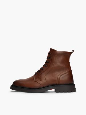 brown lightweight leather lace-up mid boots for men tommy hilfiger