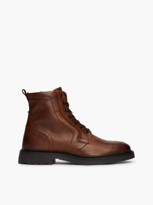 brown lightweight leather lace-up mid boots for men tommy hilfiger