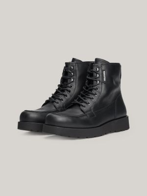 black leather lace-up chunky boots for men tommy hilfiger