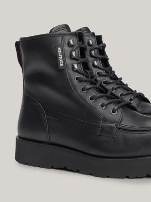 black leather lace-up chunky boots for men tommy hilfiger