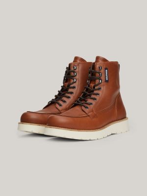 brown leather lace-up chunky boots for men tommy hilfiger