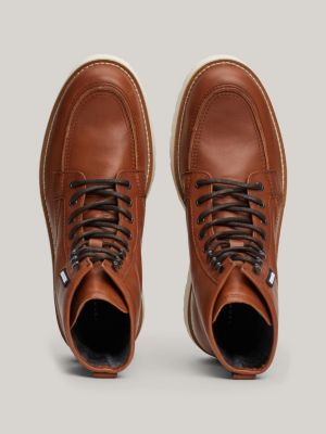 brown leather lace-up chunky boots for men tommy hilfiger