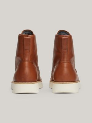 Mens brown leather boots white sole best sale