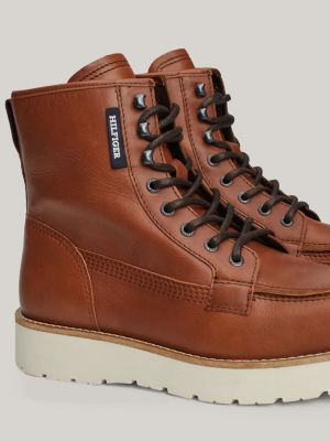 brown leather lace-up chunky boots for men tommy hilfiger