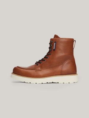 brown leather lace-up chunky boots for men tommy hilfiger