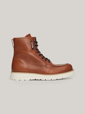 brown leather lace-up chunky boots for men tommy hilfiger