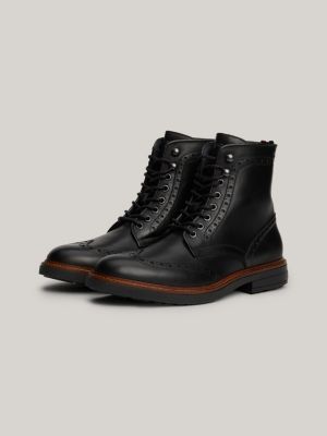 zwart waterafstotende leren boot met brogue-details voor heren - tommy hilfiger