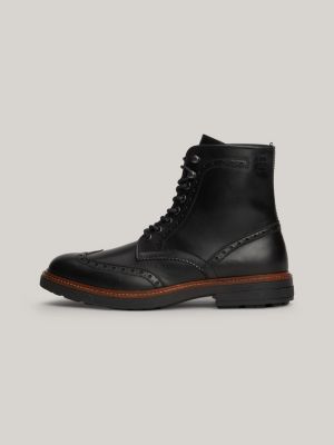 bottes à motif brogue en cuir déperlant noir pour hommes tommy hilfiger