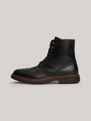 zwart waterafstotende leren boot met brogue-details voor heren - tommy hilfiger