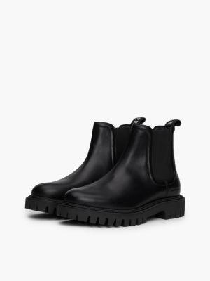 bottes chelsea épaisses en cuir déperlant noir pour hommes tommy hilfiger