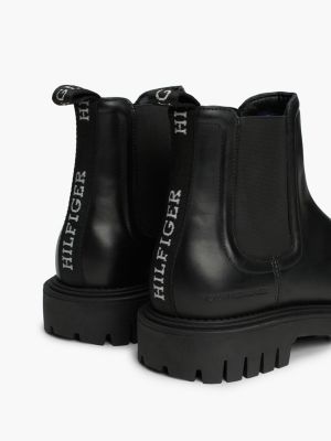 black water repellent leather chunky chelsea boots for men tommy hilfiger