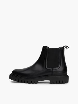 black water repellent leather chunky chelsea boots for men tommy hilfiger