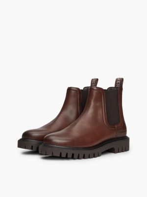 brown water repellent leather chunky chelsea boots for men tommy hilfiger