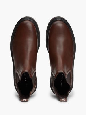 brown water repellent leather chunky chelsea boots for men tommy hilfiger