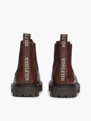 brown water repellent leather chunky chelsea boots for men tommy hilfiger