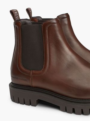 brown water repellent leather chunky chelsea boots for men tommy hilfiger