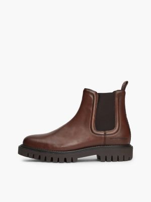 brown water repellent leather chunky chelsea boots for men tommy hilfiger