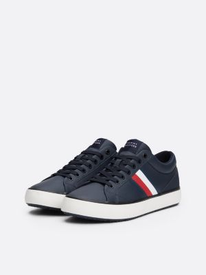 zapatillas de piel con suela dentada fina azul de hombres tommy hilfiger